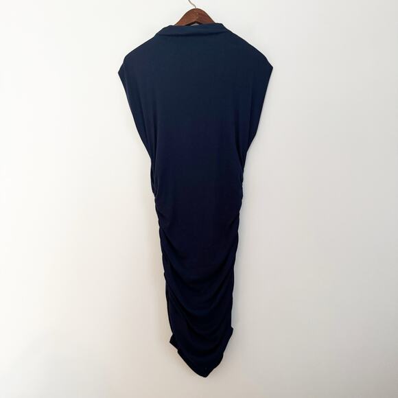 ANTHROPOLOGIE Michael Stars Gia Ribbed Power Shoulder Dress Navy Blue Medium M - Picture 7 of 8